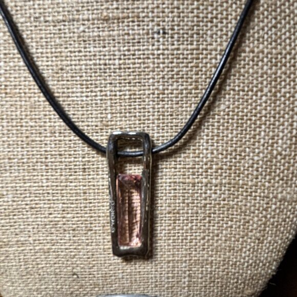 Nanco Artisan Pendant Necklace – Pink Faceted Glass Stone – Modern Rustic Design - Picture 2 of 3